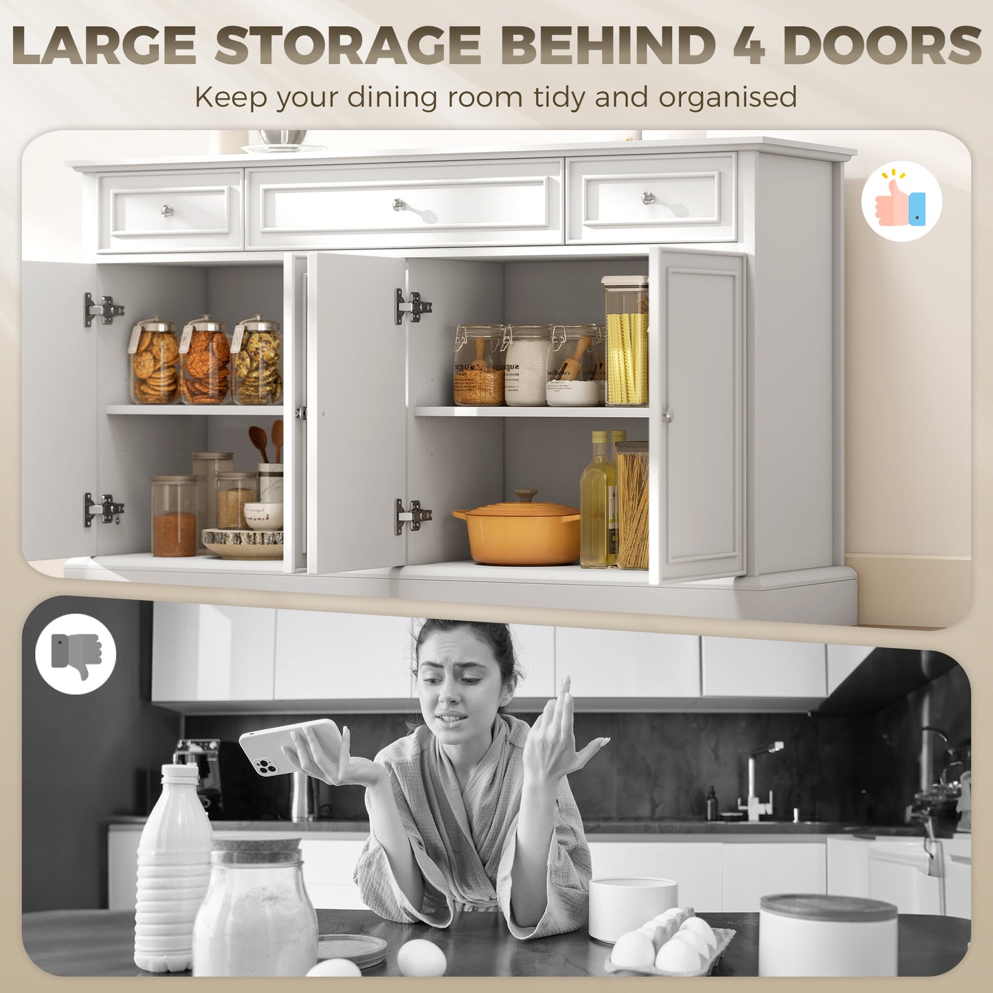 Buffet bahut portes soft-close 3 tiroirs 137 cm