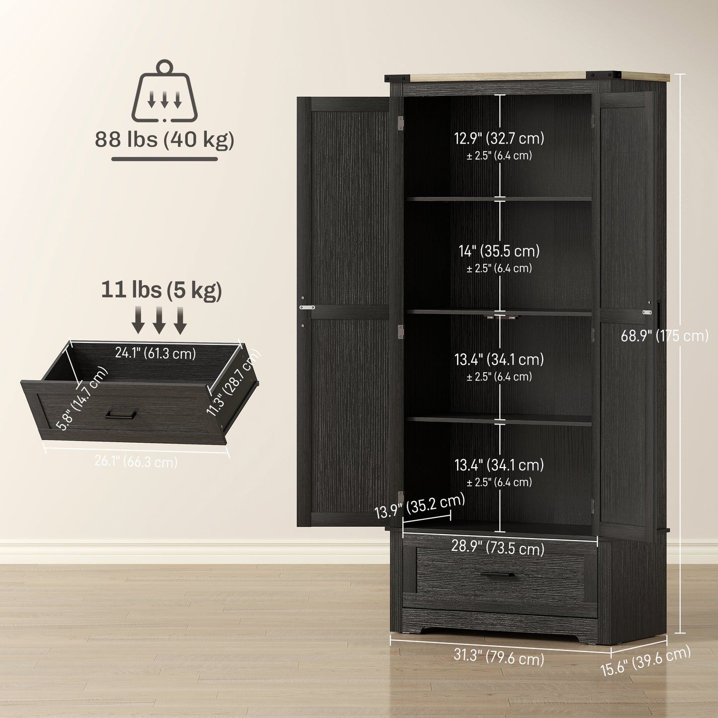 Armoire-garde-manger de cuisine style campagnard 175 cm