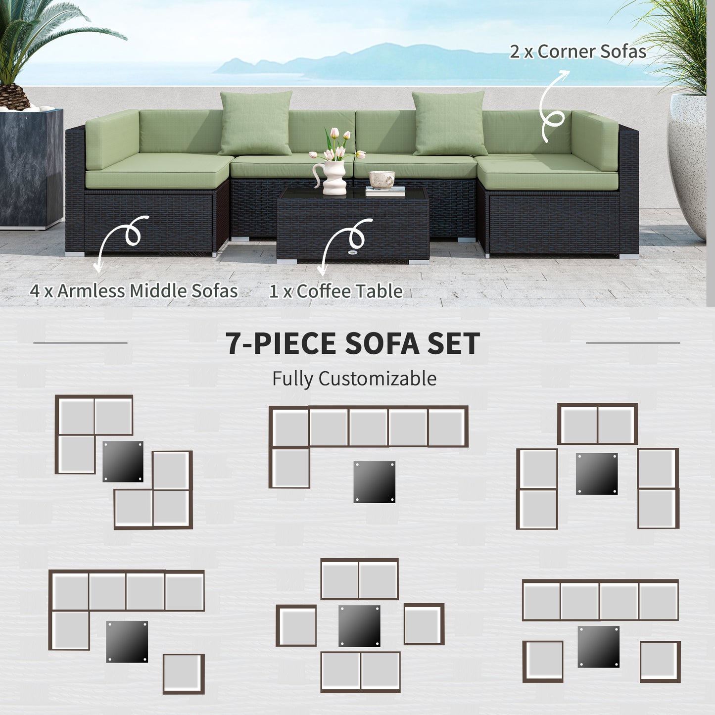 Ensemble de meubles de patio 7 pièces rotin modulaire