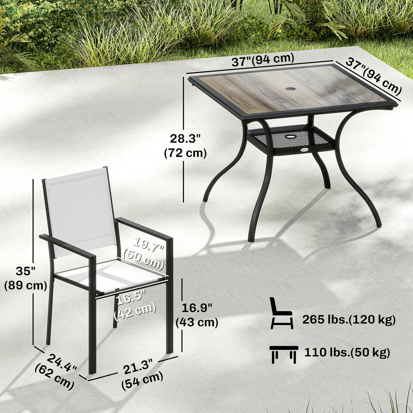 Ensemble repas extérieur 5 pièces avec tablette et trou parasol