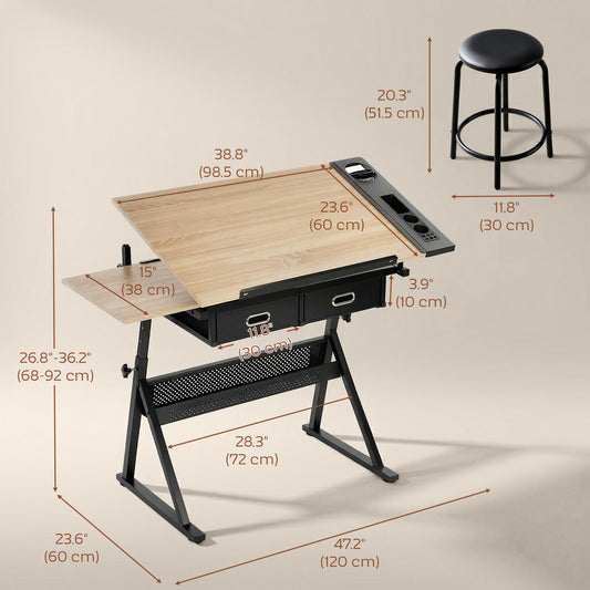 Table à dessin ajustable avec tabouret et rangements