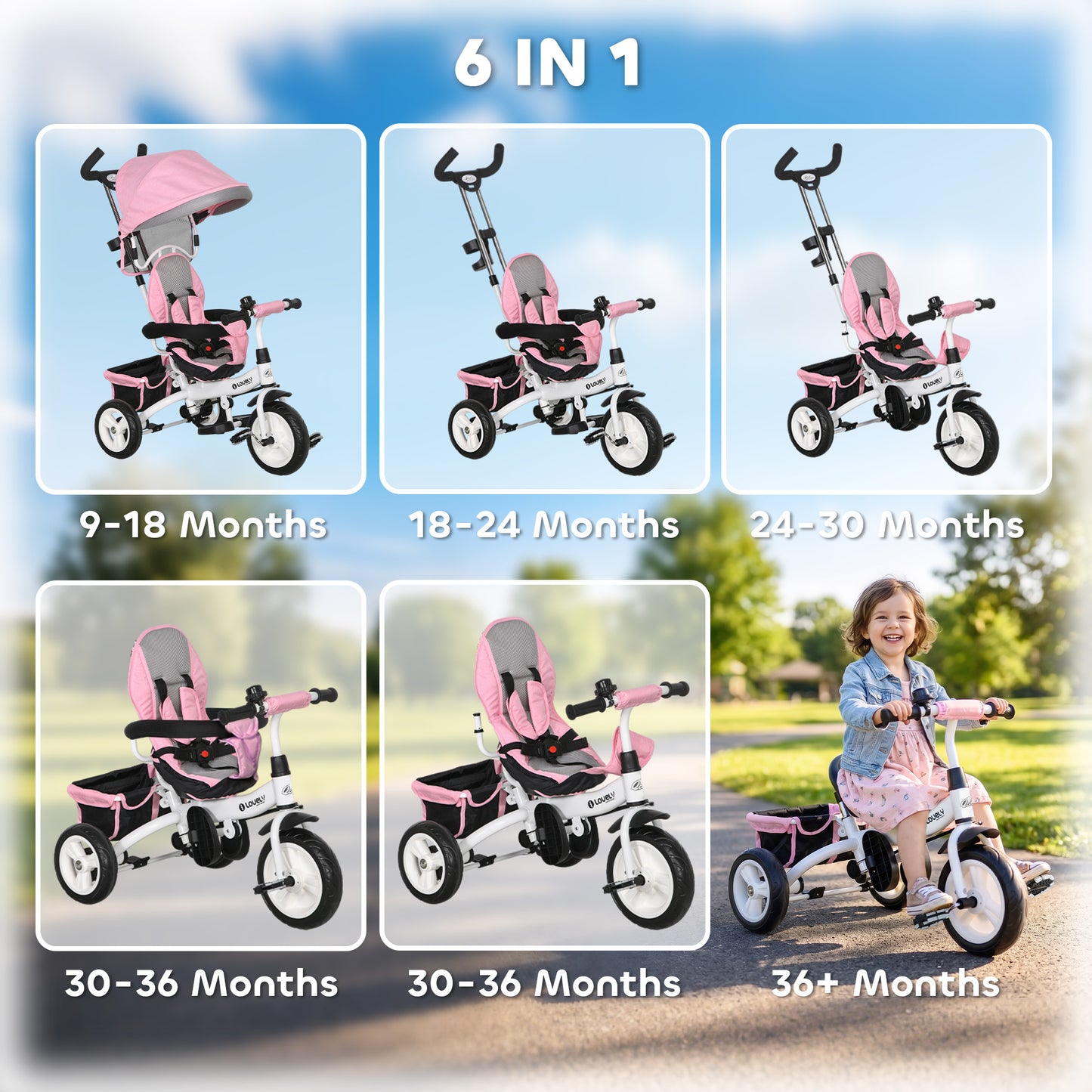 Tricycle 6-en-1 pour tout-petits avec panier et harnais
