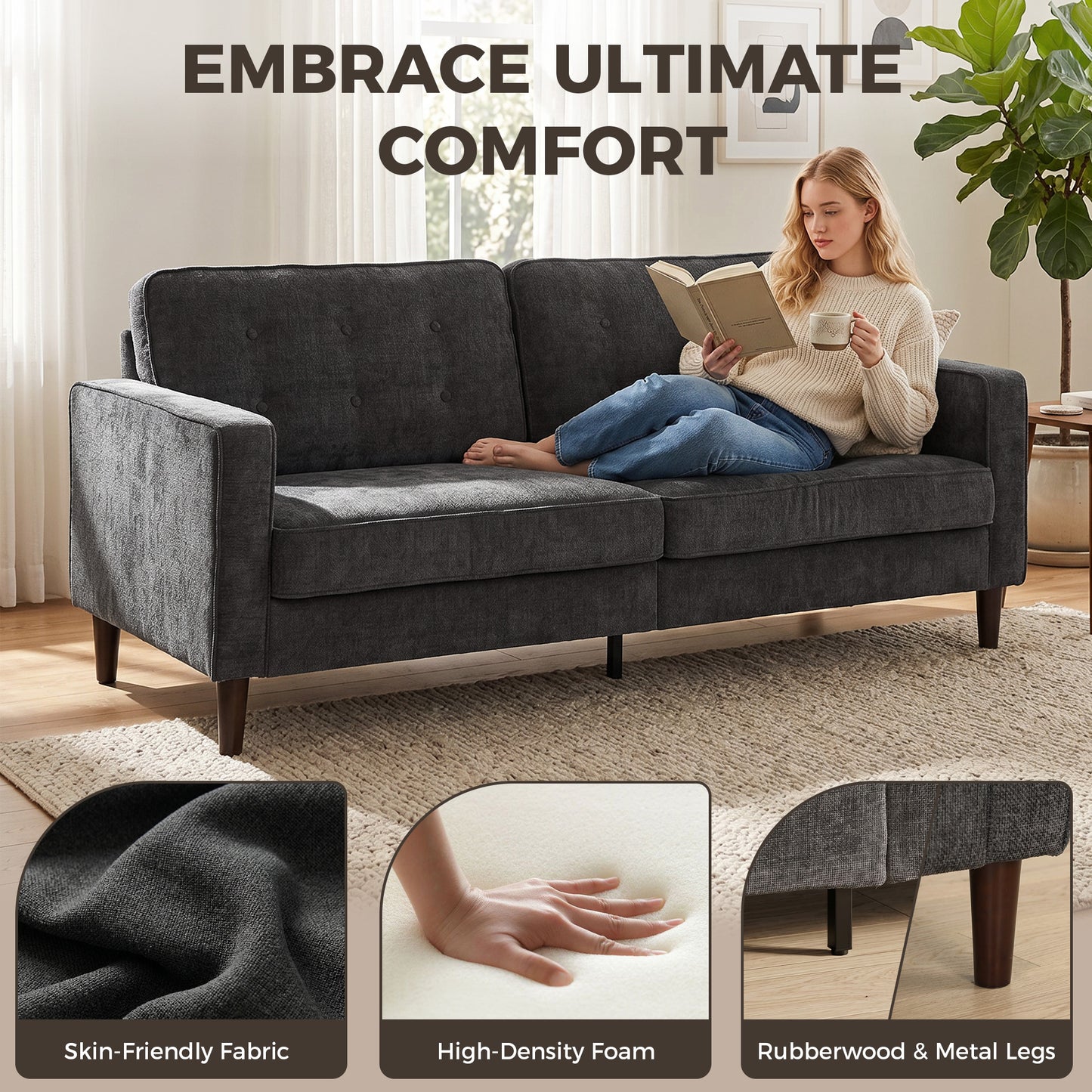 Sofa 3 places capitonné en velours avec pieds en bois