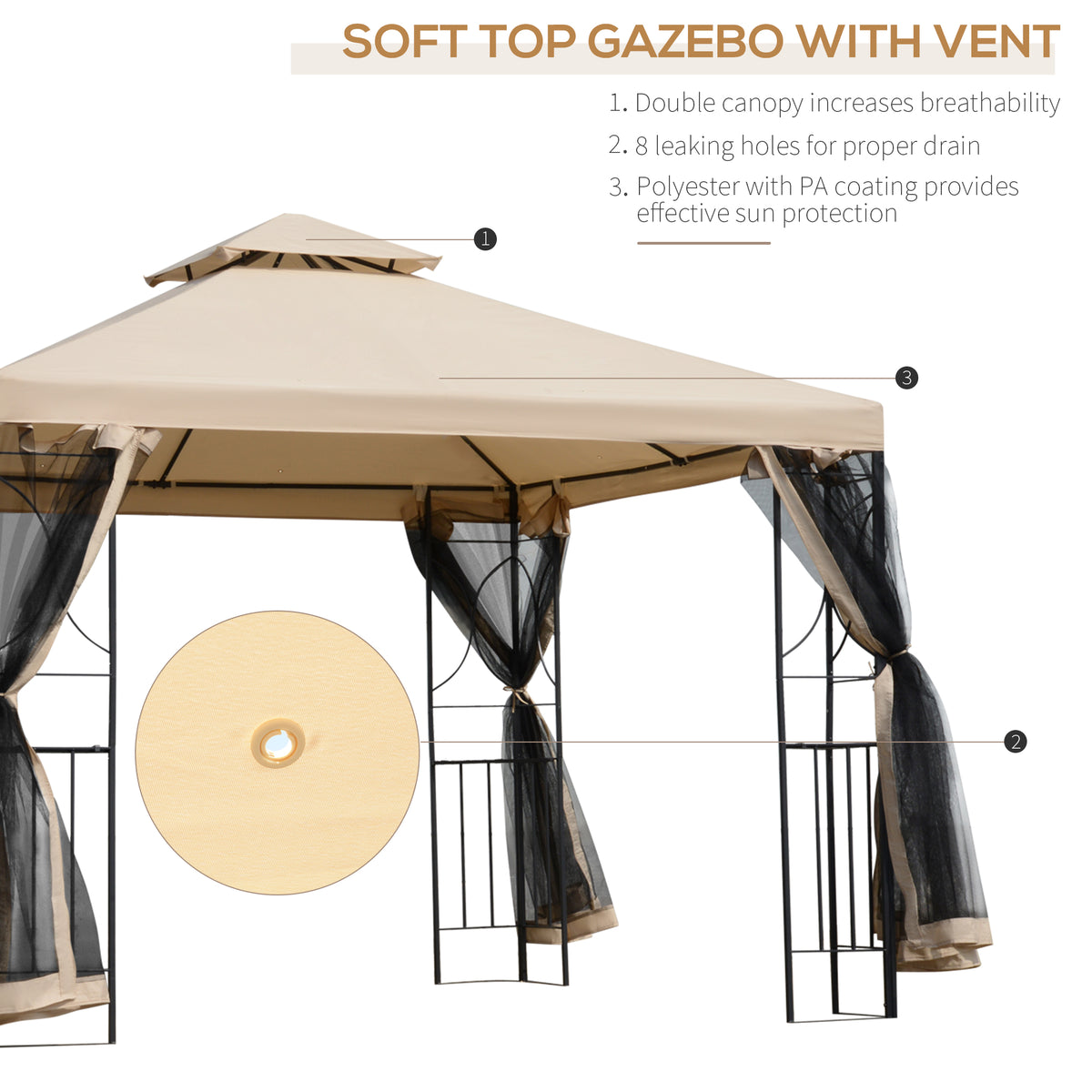 Gazebo de patio double toit avec moustiquaire 3x3m