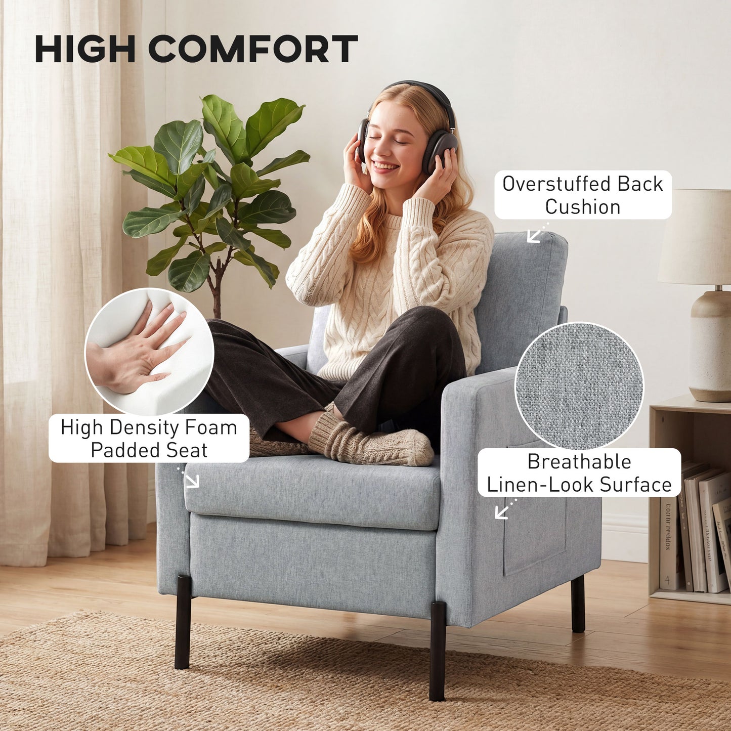 Fauteuil d'appoint rembourré avec poches latérales