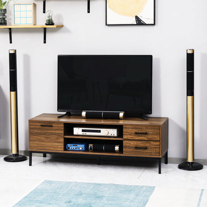 Meuble TV moderne avec rangement et tablettes ouvertes