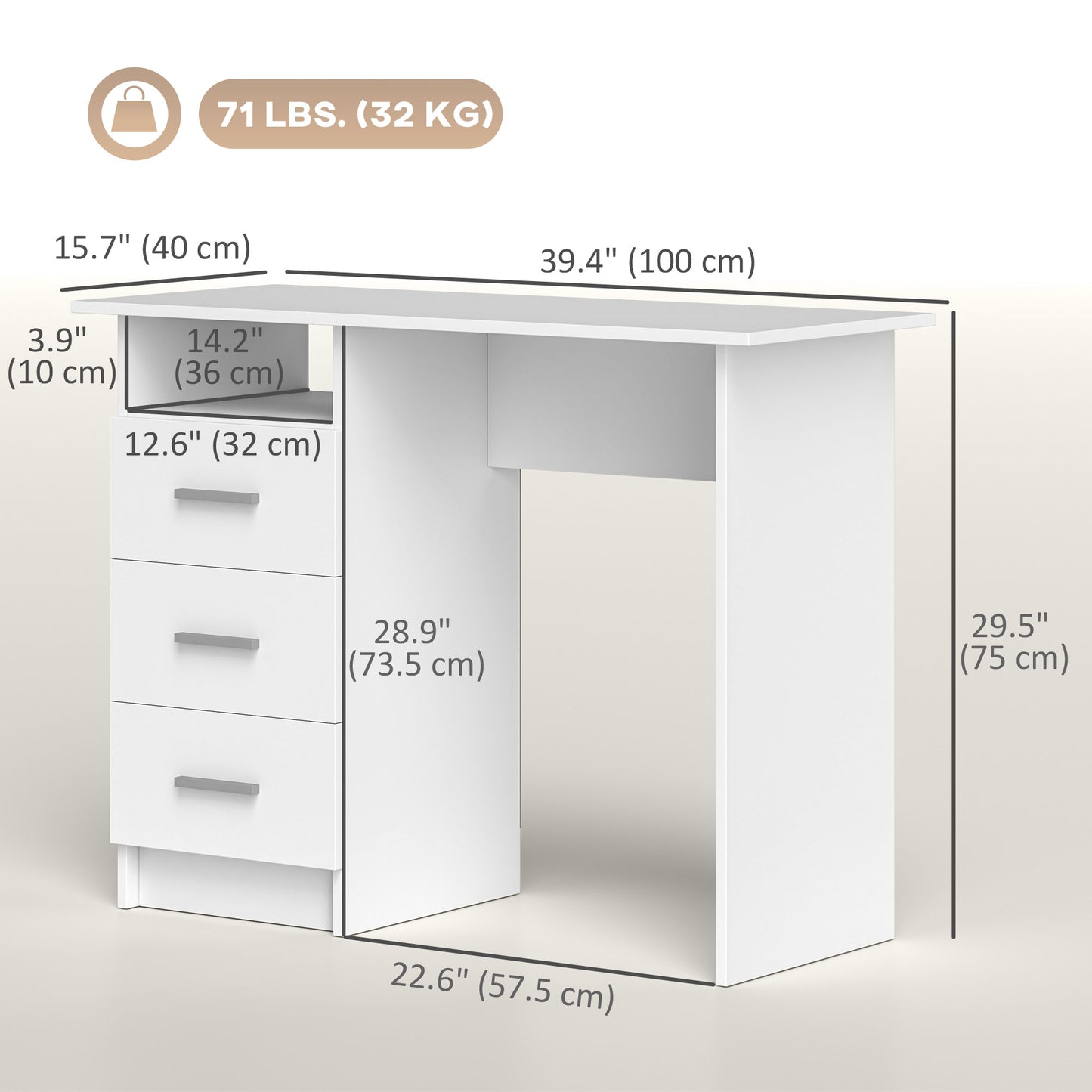 Bureau d'ordinateur avec 3 tiroirs et tablette ouverte