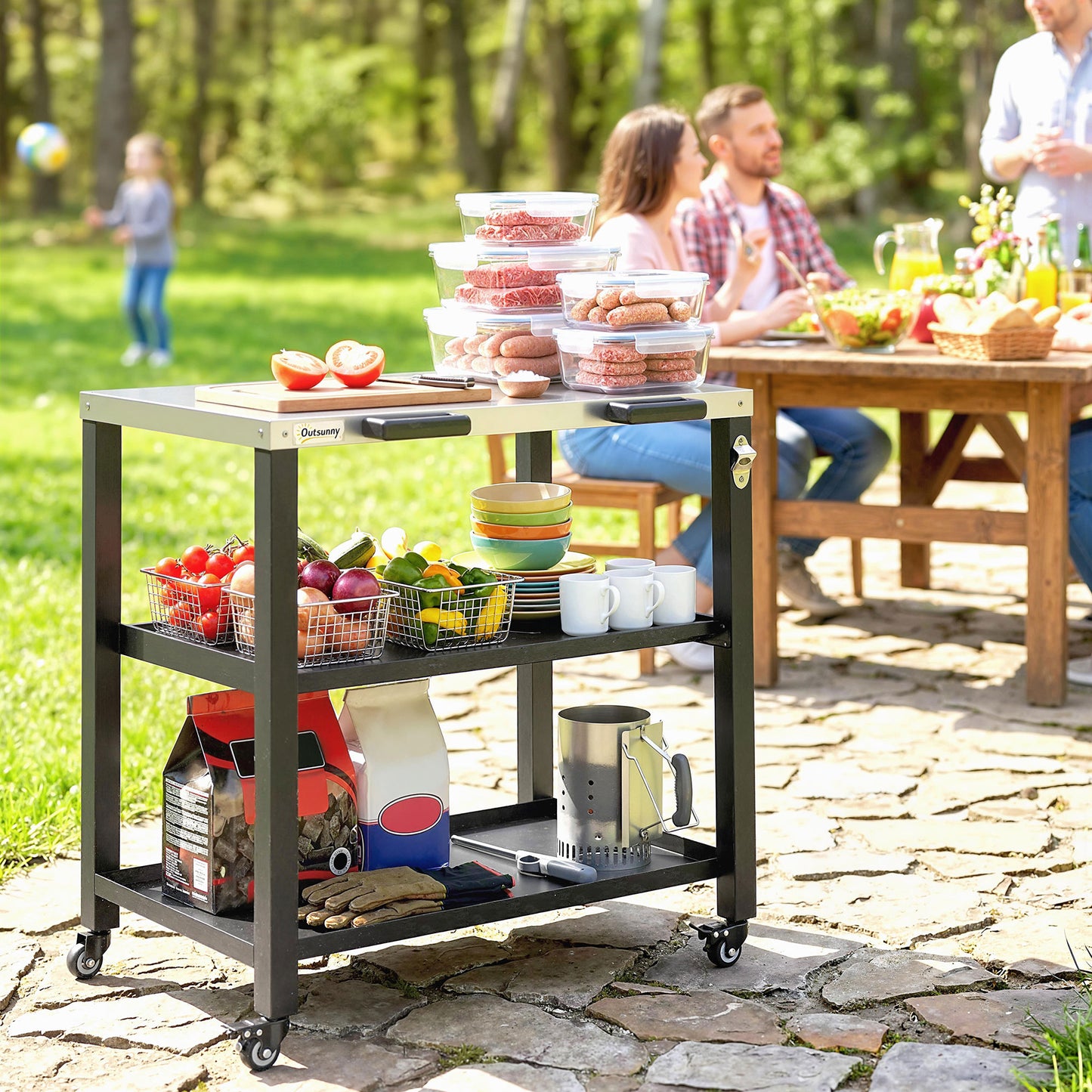 Chariot BBQ inox à roulettes avec 2 tablettes