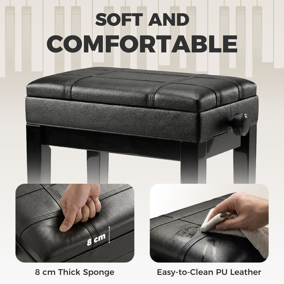 Banc de piano réglable en similicuir avec rangement