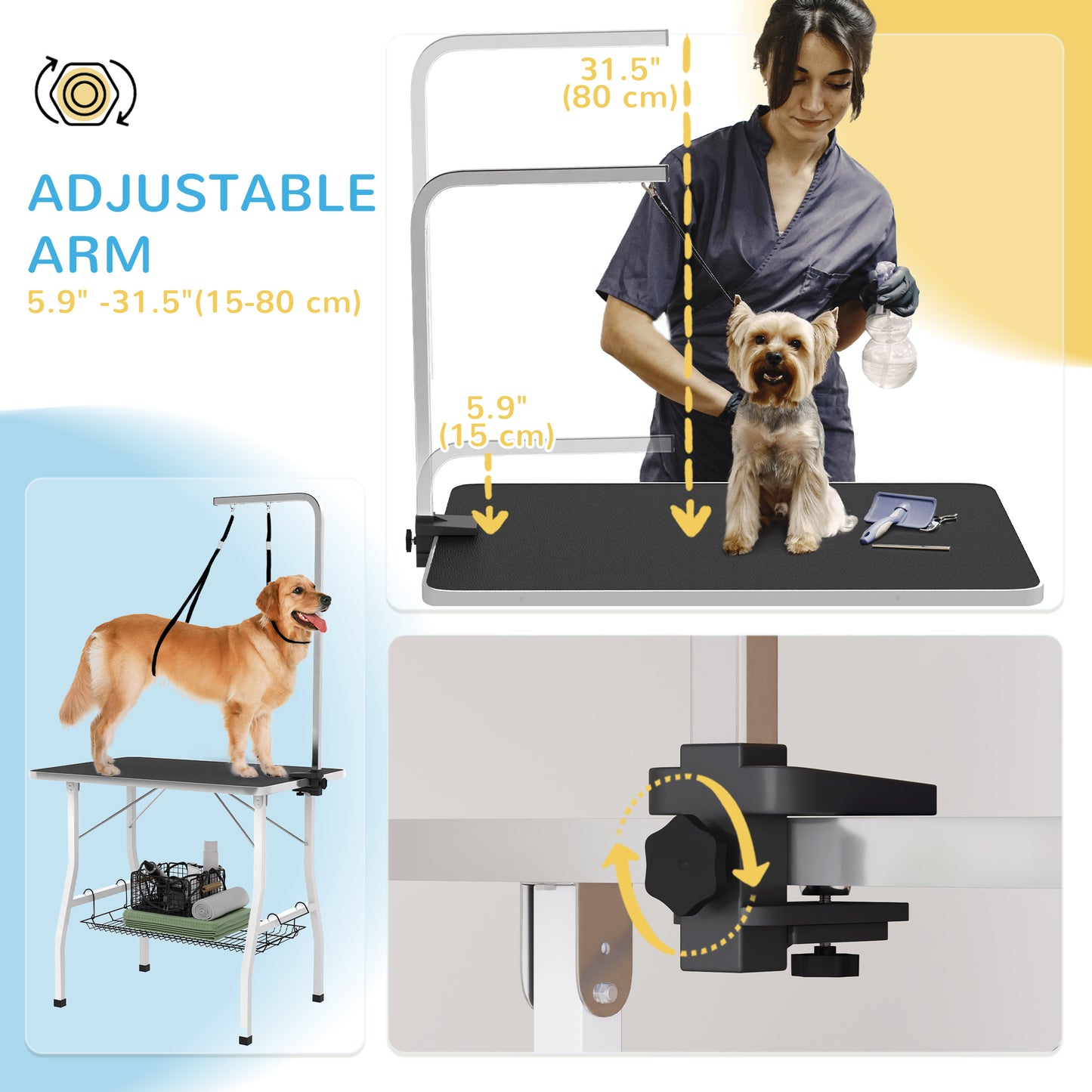 Table toilettage chien bras ajustable plateau caoutchouc