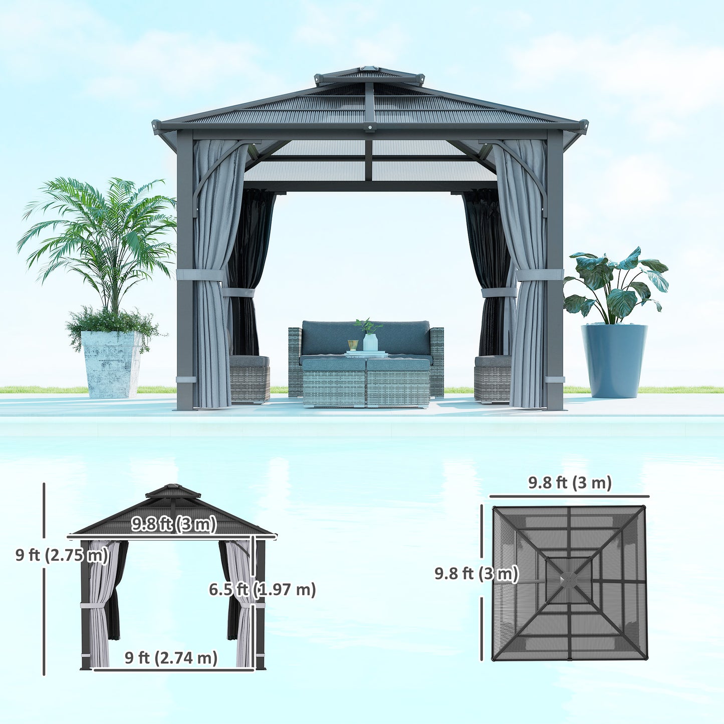 Gazebo toit rigide 10' x 10' polycarbonate double niveau