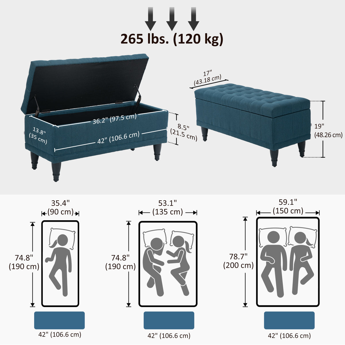 Banc de rangement capitonné en tissu