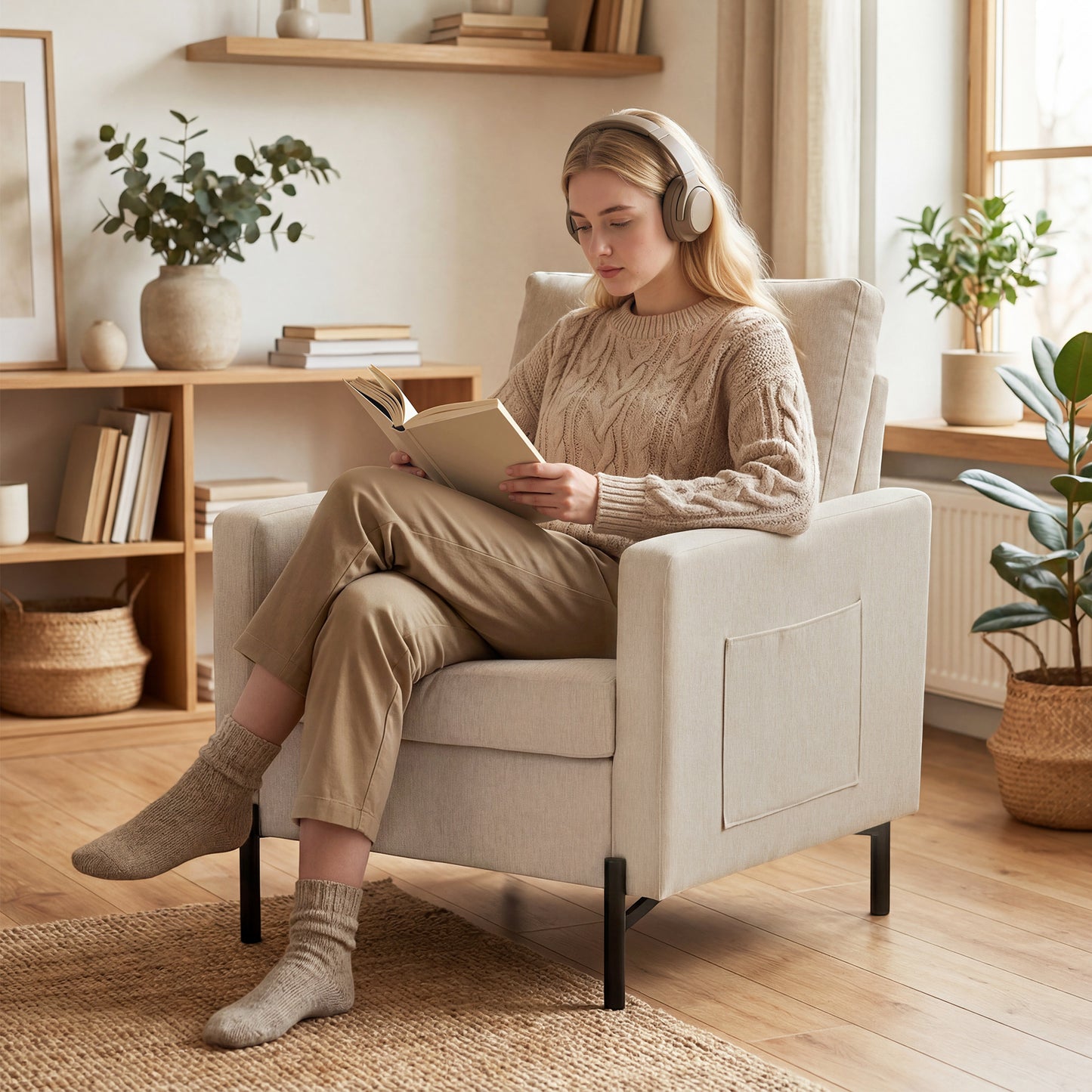 Fauteuil d'appoint rembourré avec poches latérales