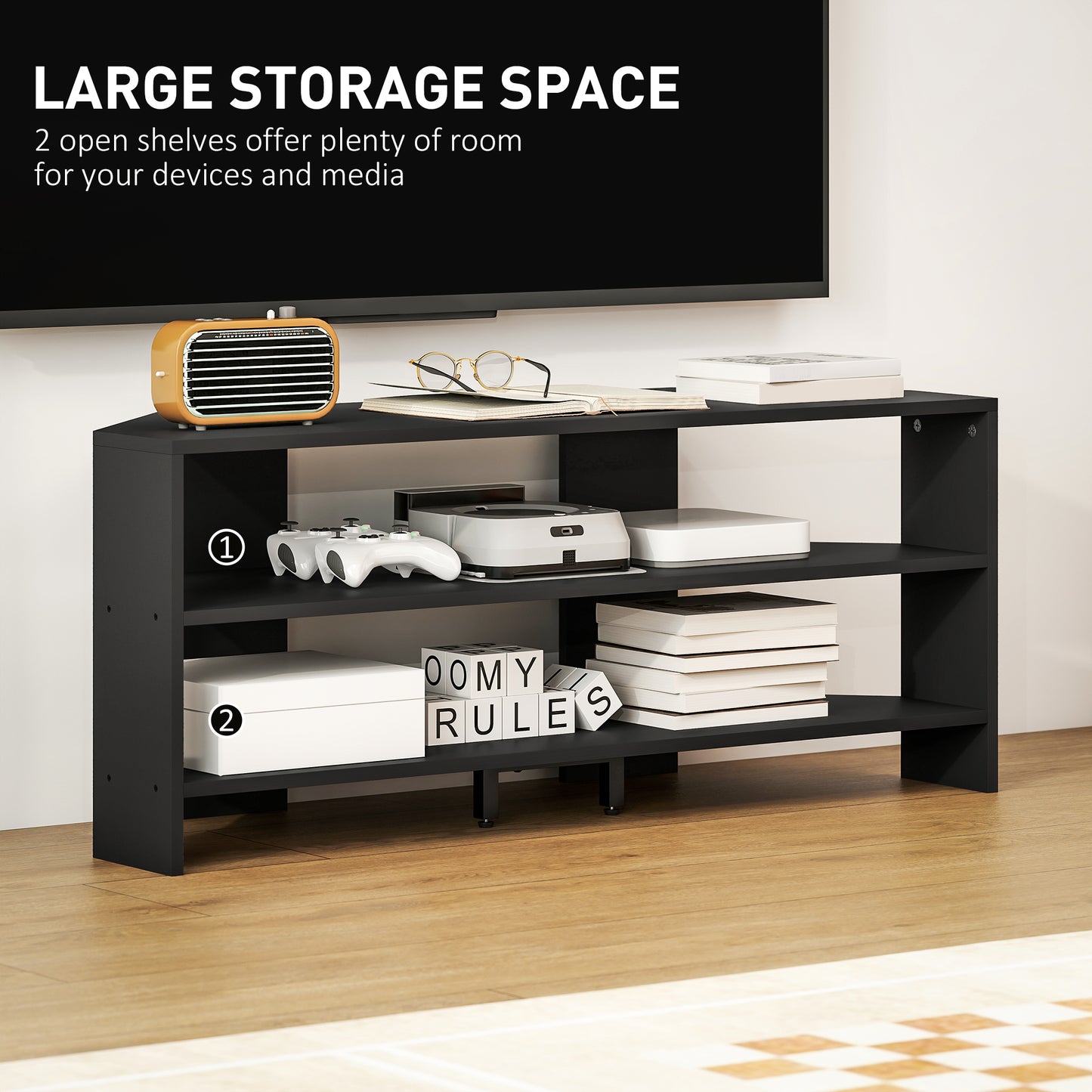 Meuble TV de coin avec 2 tablettes ouvertes