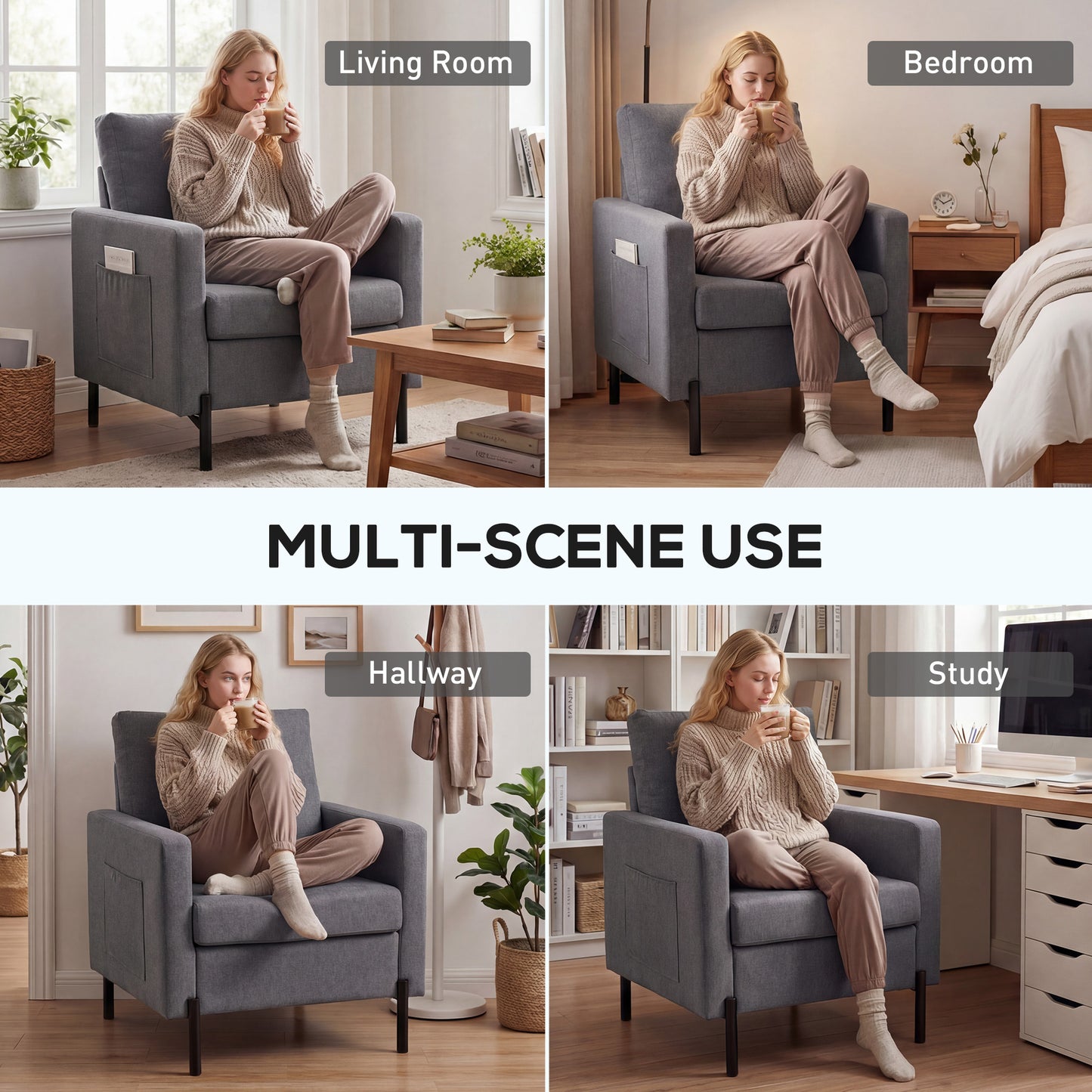 Fauteuil d'appoint rembourré avec poches latérales