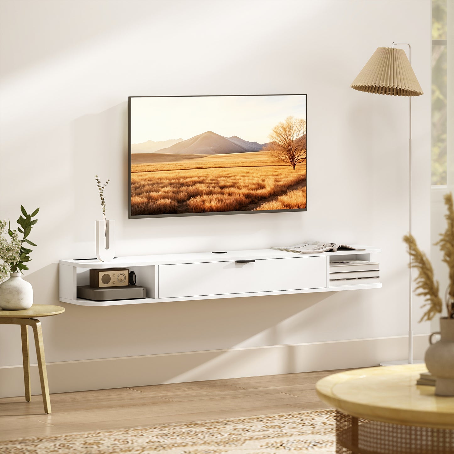 Meuble TV mural avec tiroir et 2 tablettes ouvertes