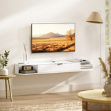 Meuble TV mural avec tiroir et 2 tablettes ouvertes