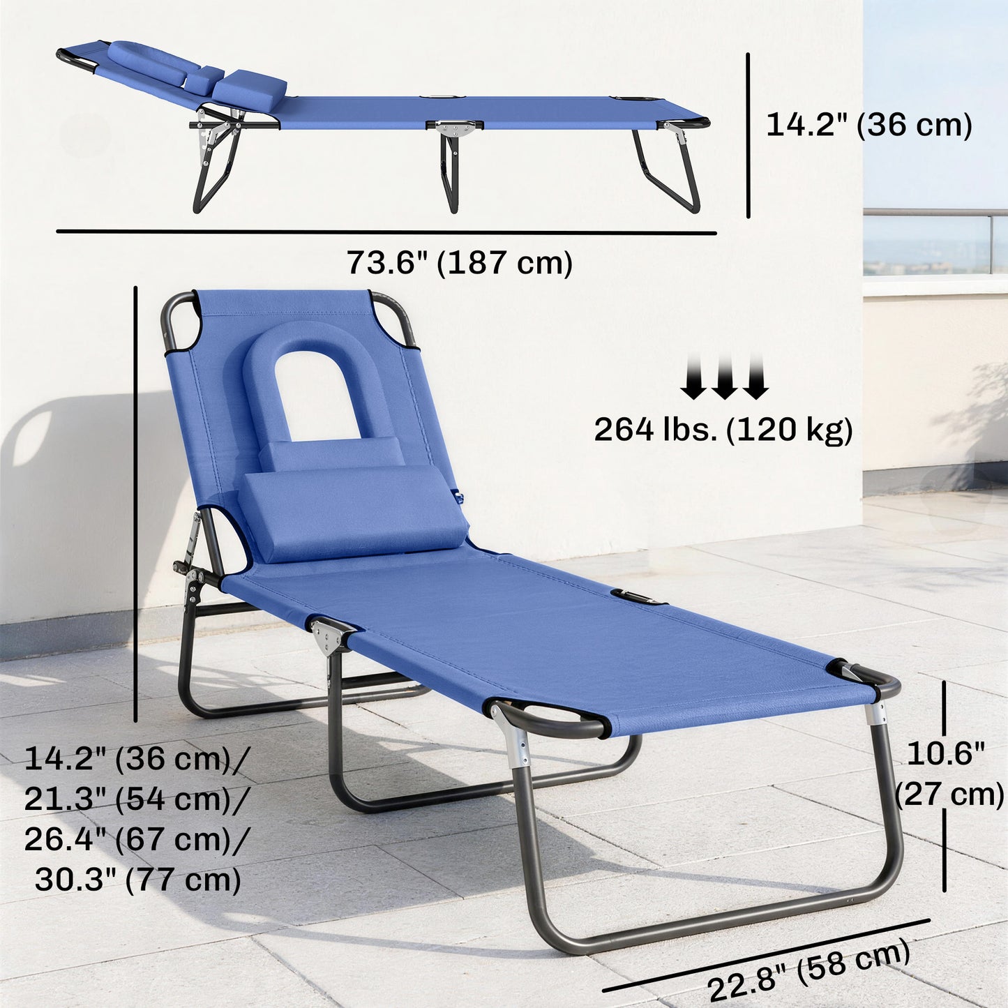 Chaise longue pliante avec trou visage ajustable