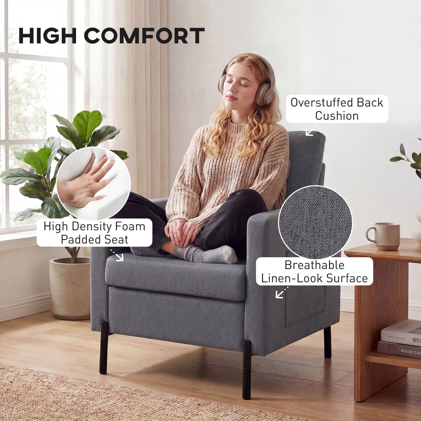 Fauteuil d'appoint rembourré avec poches latérales