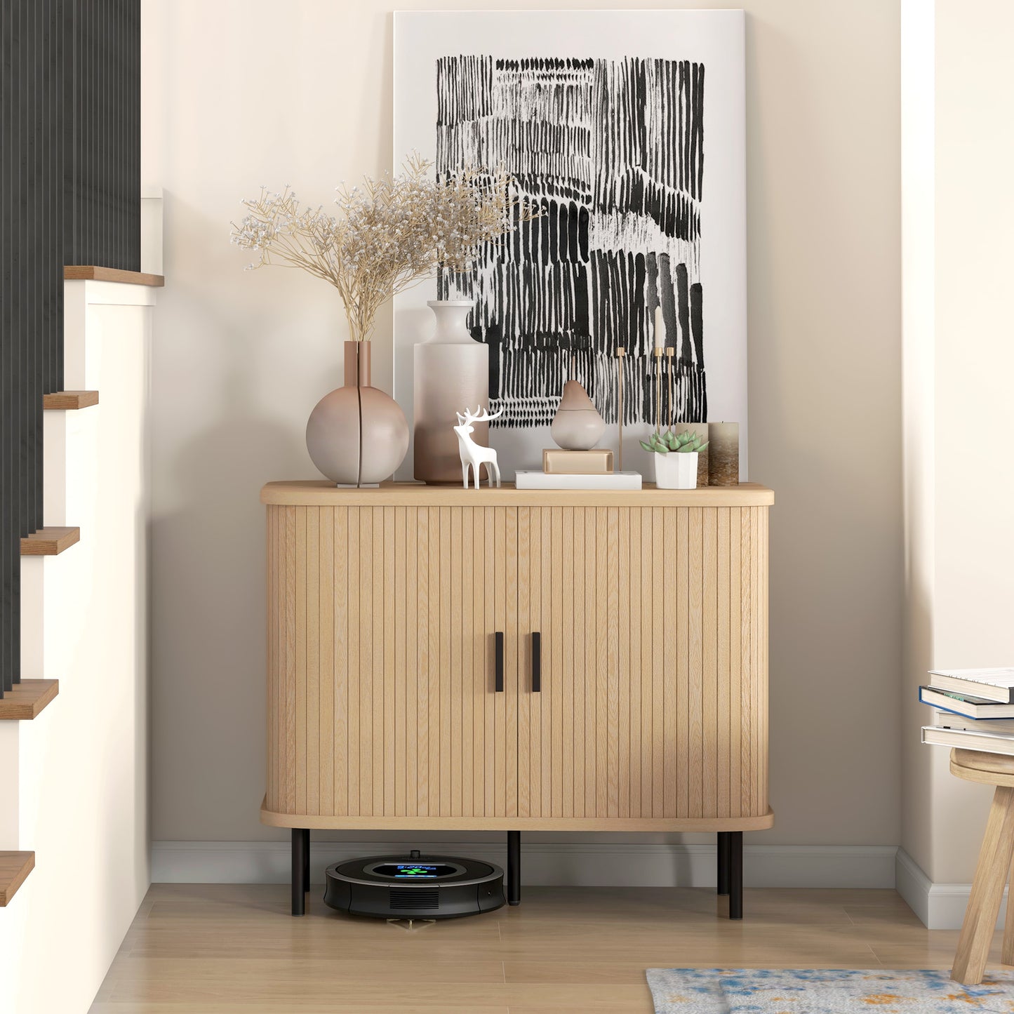 Buffet bahut nordique portes lamelles pieds métalliques