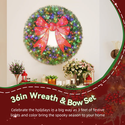 Couronne de Noël illuminée nœud 3D 91 cm