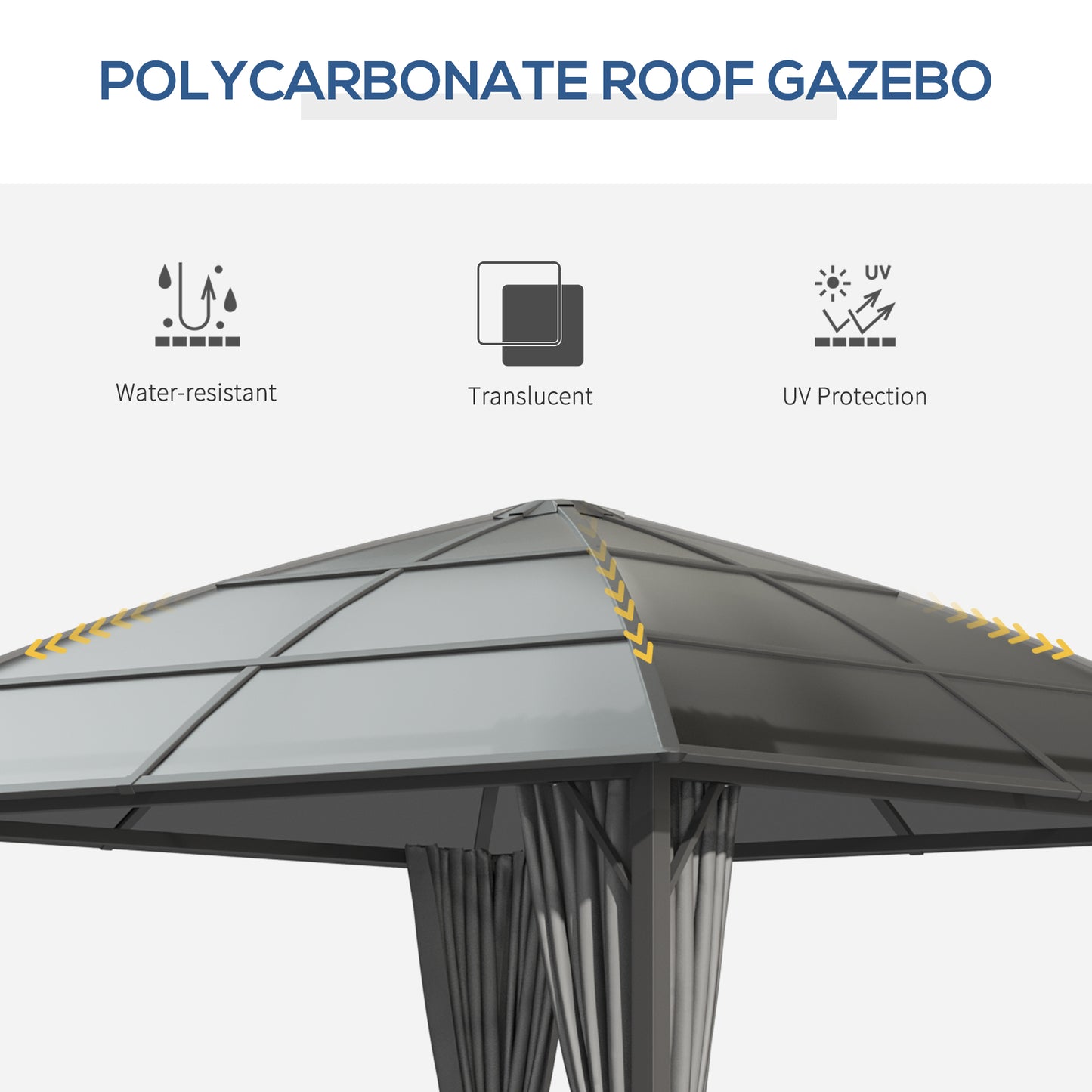 Gazebo toit rigide polycarbonate UV60+ avec rideaux