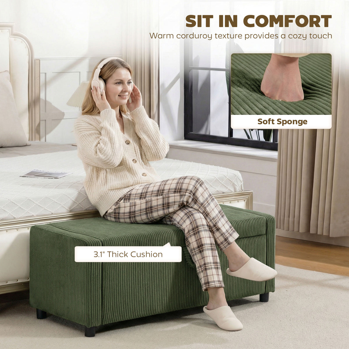 Banc de rangement capitonné en velours côtelé