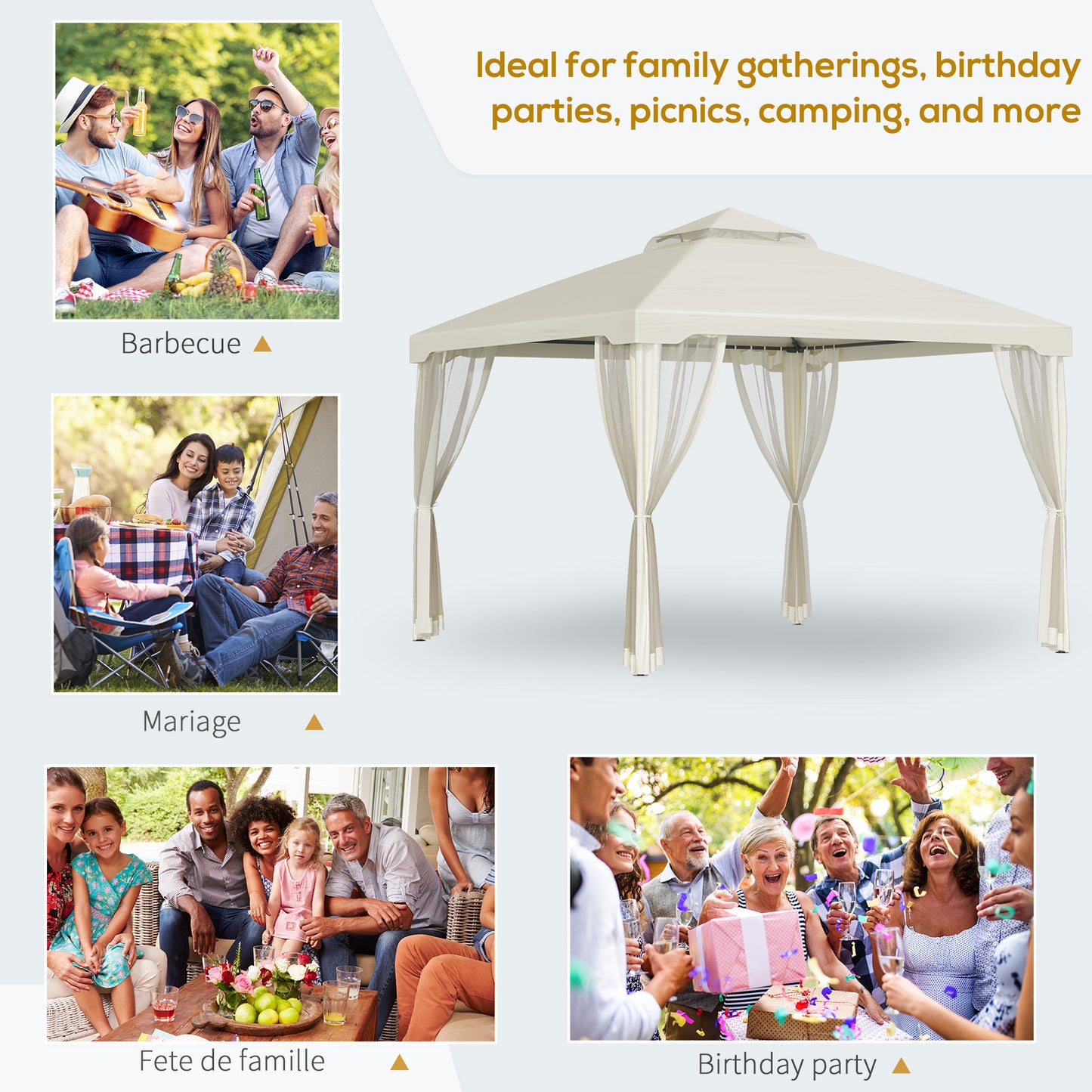 Gazebo patio toit double moustiquaire 2,9m x 2,9m