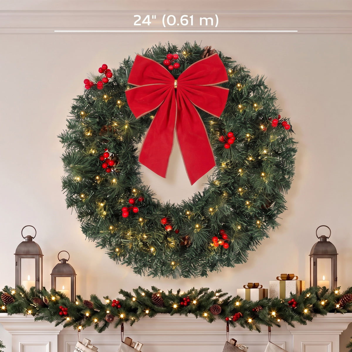 Couronne de Noël artificielle pré-éclairée 61 cm
