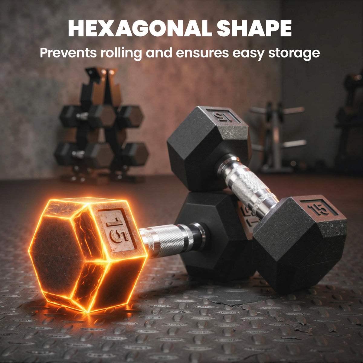 Ensemble d'haltères hexagonaux avec support vertical