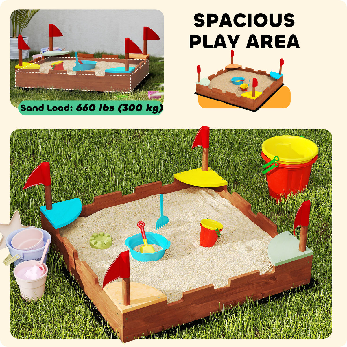Bac à sable en bois pour enfants avec drapeaux