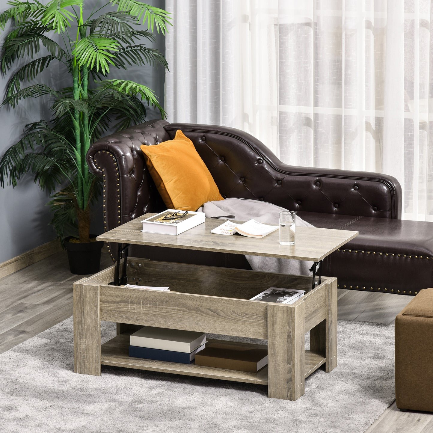 Table basse relevable avec rangement caché et tablette