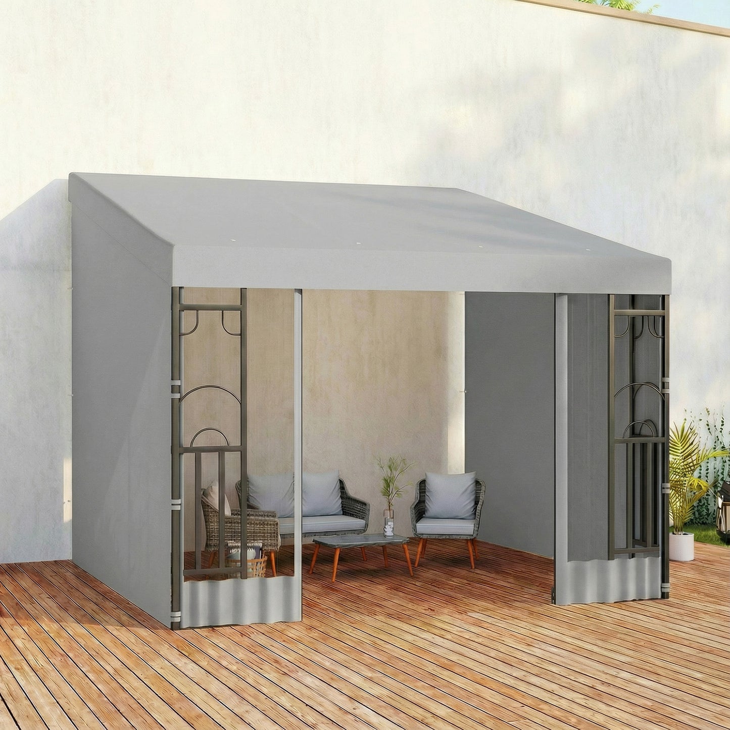 Pergola murale en acier 3 x 3 m avec rideaux