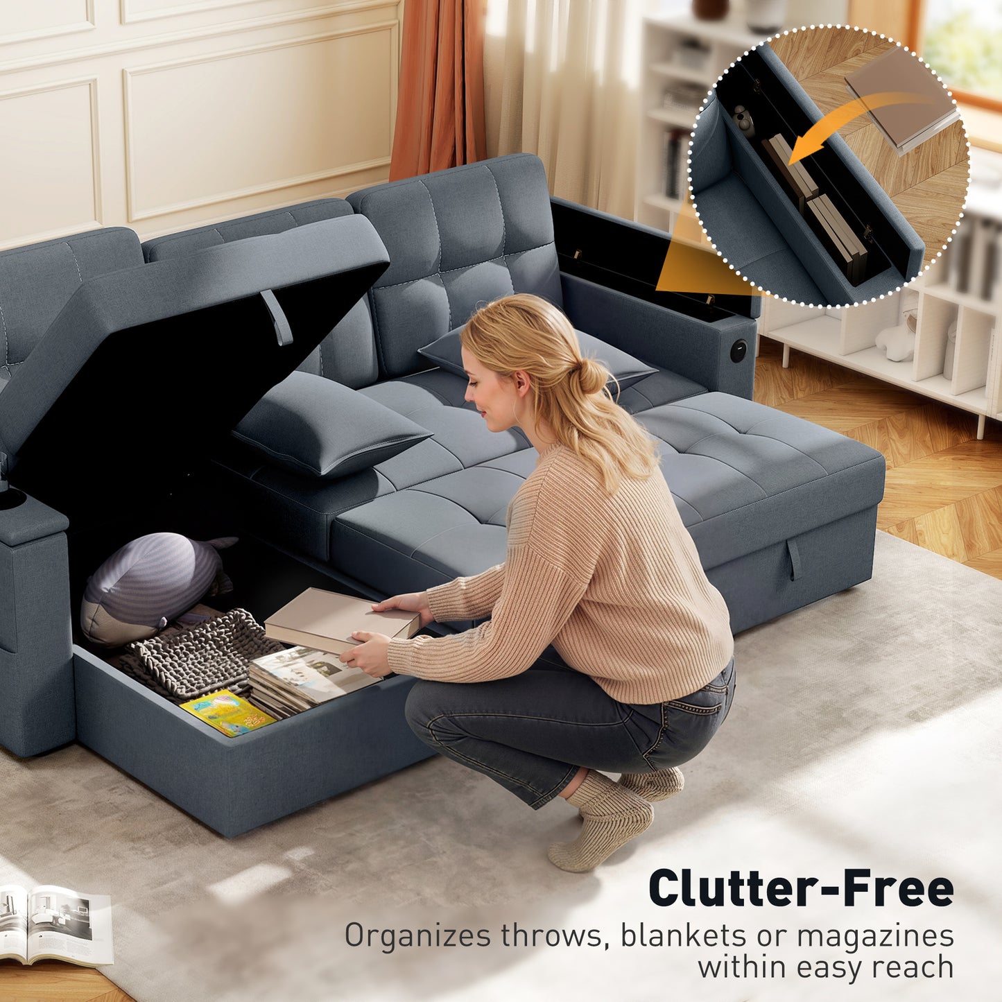 Sofa-lit sectionnel convertible en L avec rangement et ports USB