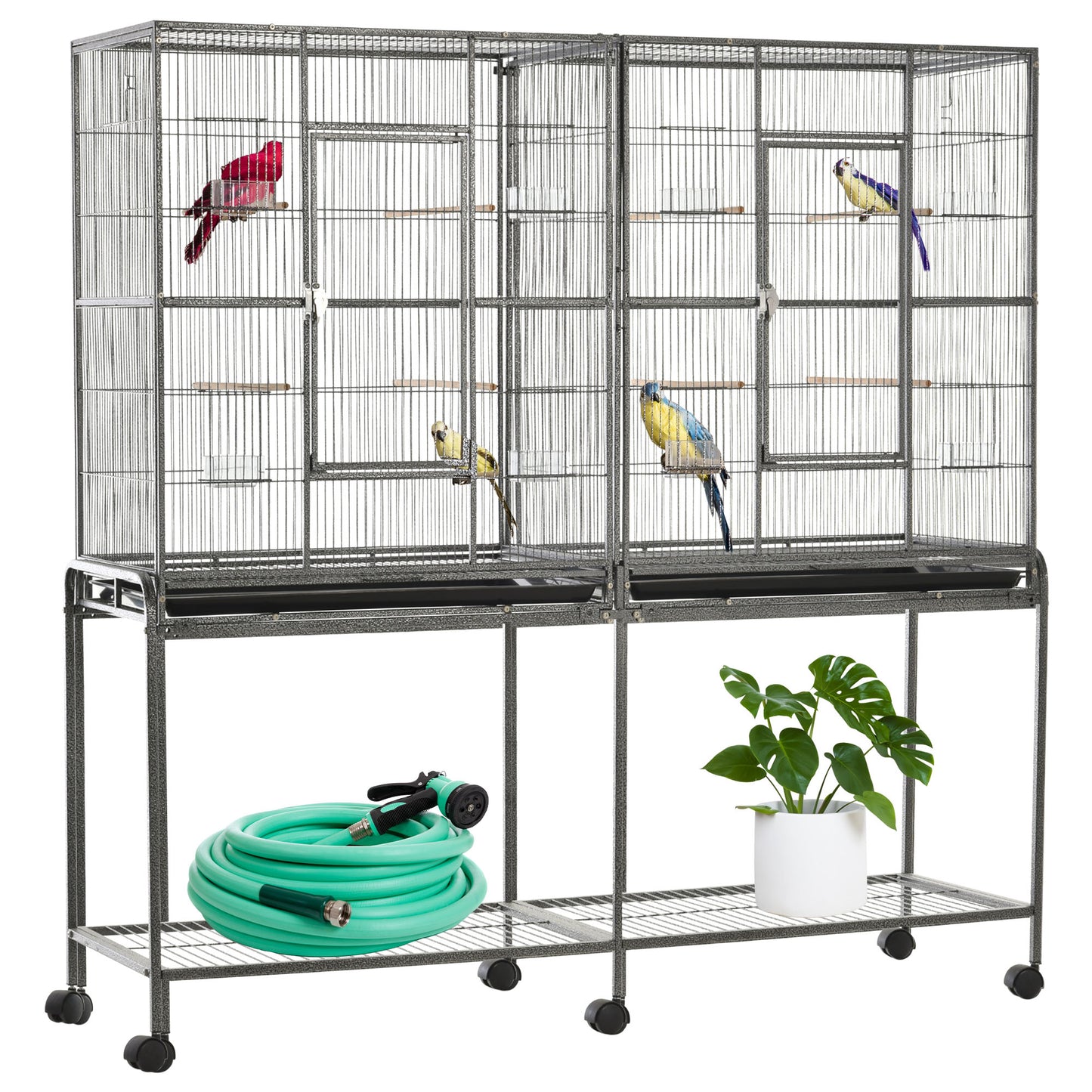 Grande cage à oiseaux sur roulettes avec perchoirs