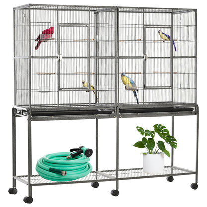 Grande cage à oiseaux sur roulettes avec perchoirs