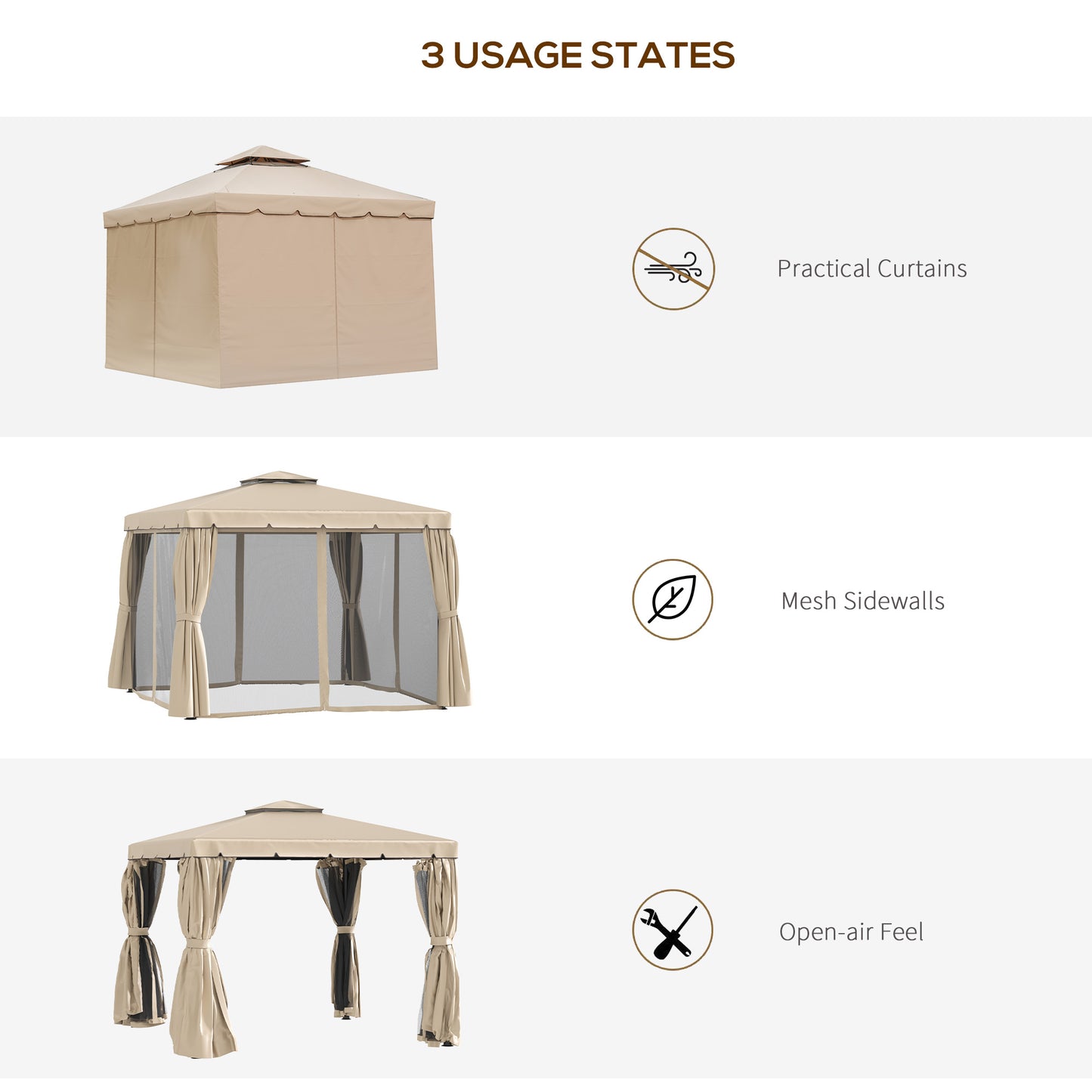 Gazebo de patio double toit avec rideaux et moustiquaire