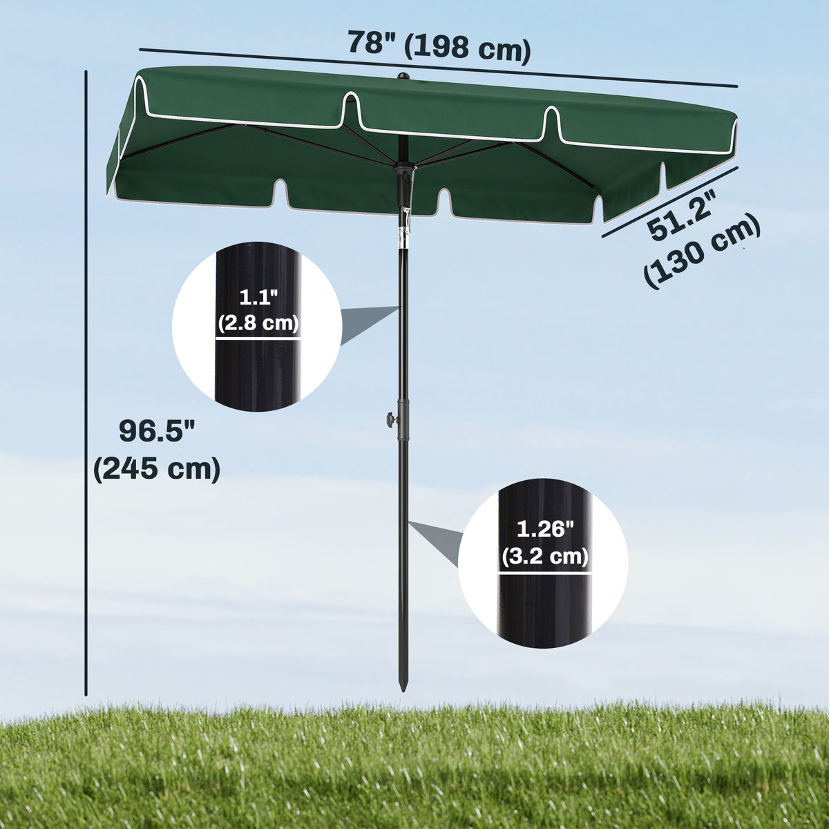 Parasol rectangulaire 198 x 130 cm inclinable aluminium