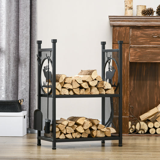 Rangement bois 2 étages avec outils foyer