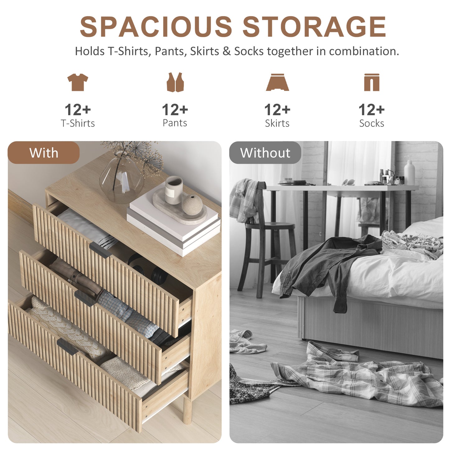 Commode 3 tiroirs à panneaux cannelés et pieds en bois