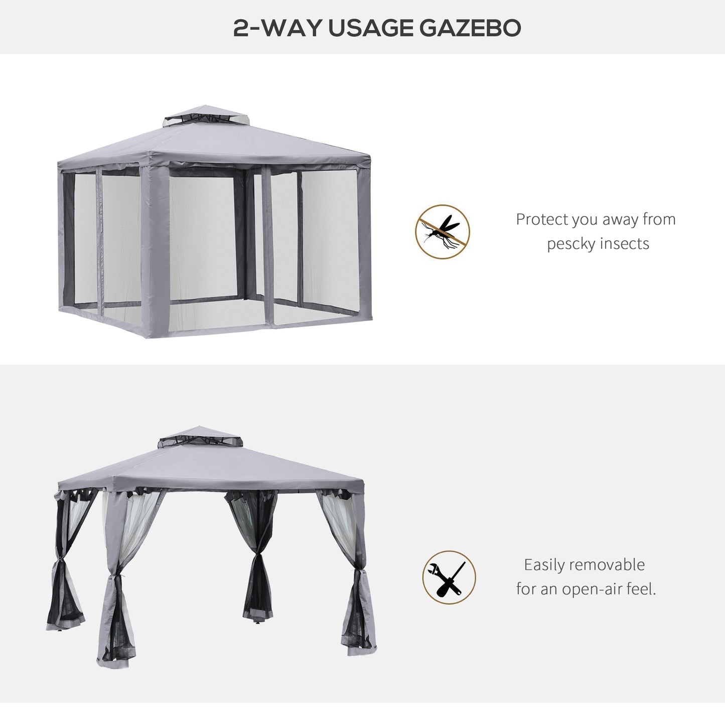 Gazebo patio toit double moustiquaire 2,9m x 2,9m