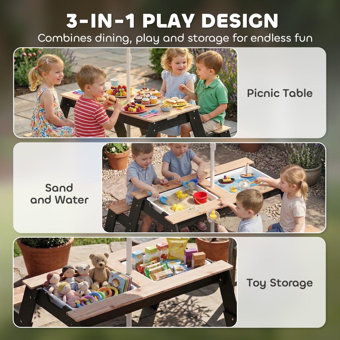 Table de pique-nique enfant 3 en 1 avec parasol