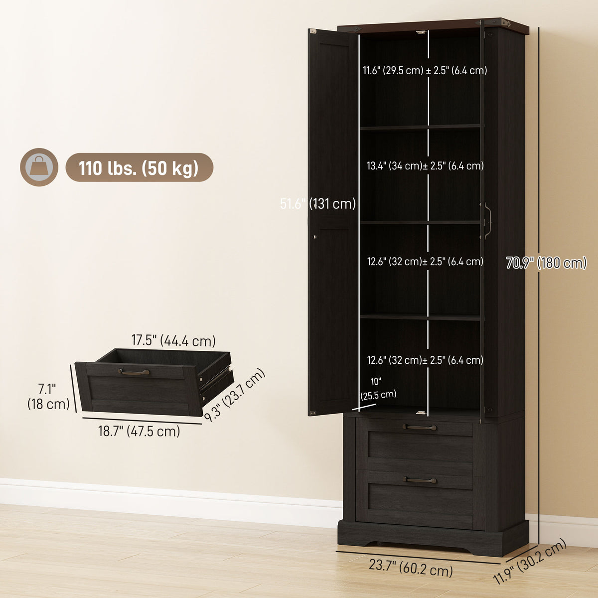 Armoire pantry cuisine 71 po — noir