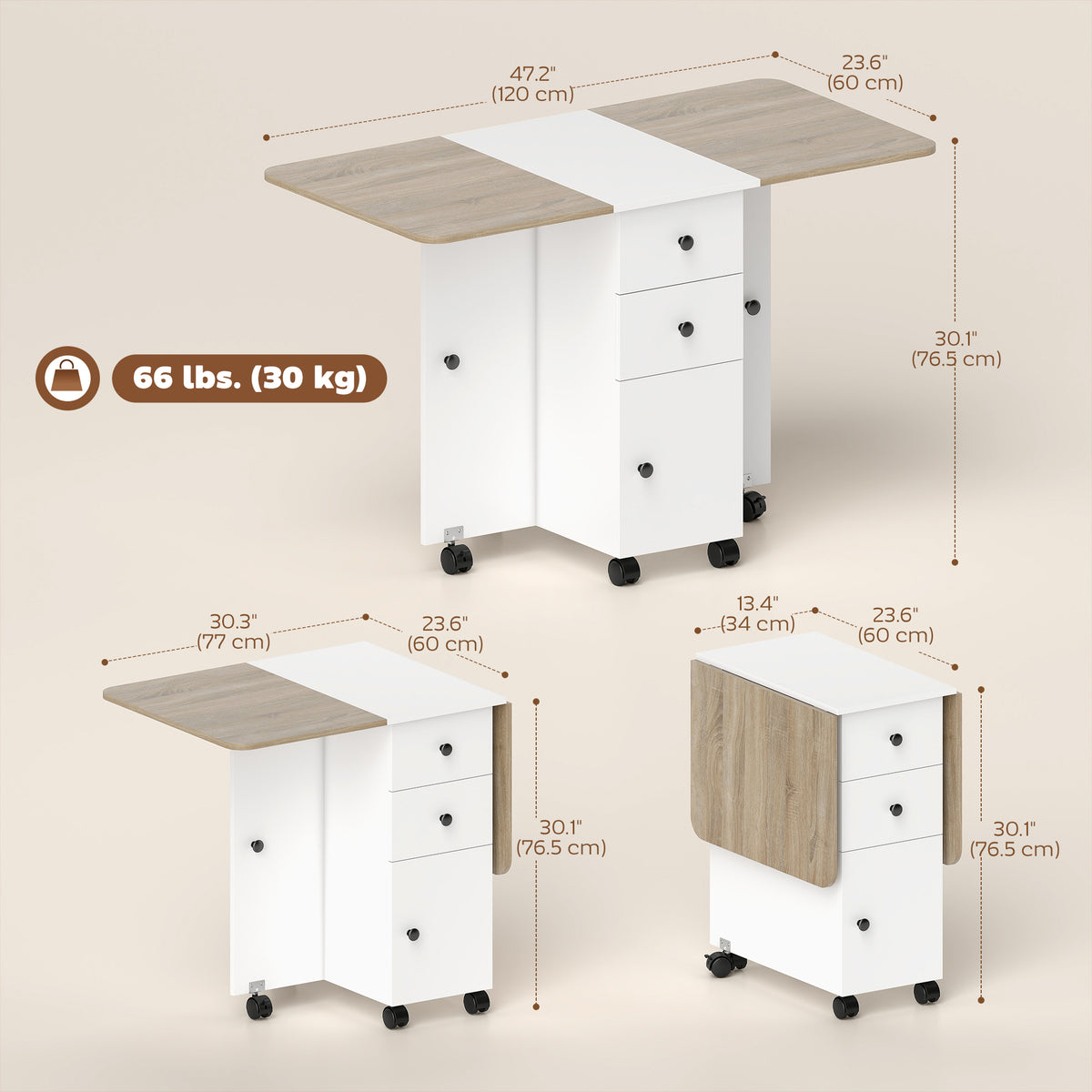 Table à manger pliante escamotable avec rangement — Roulettes
