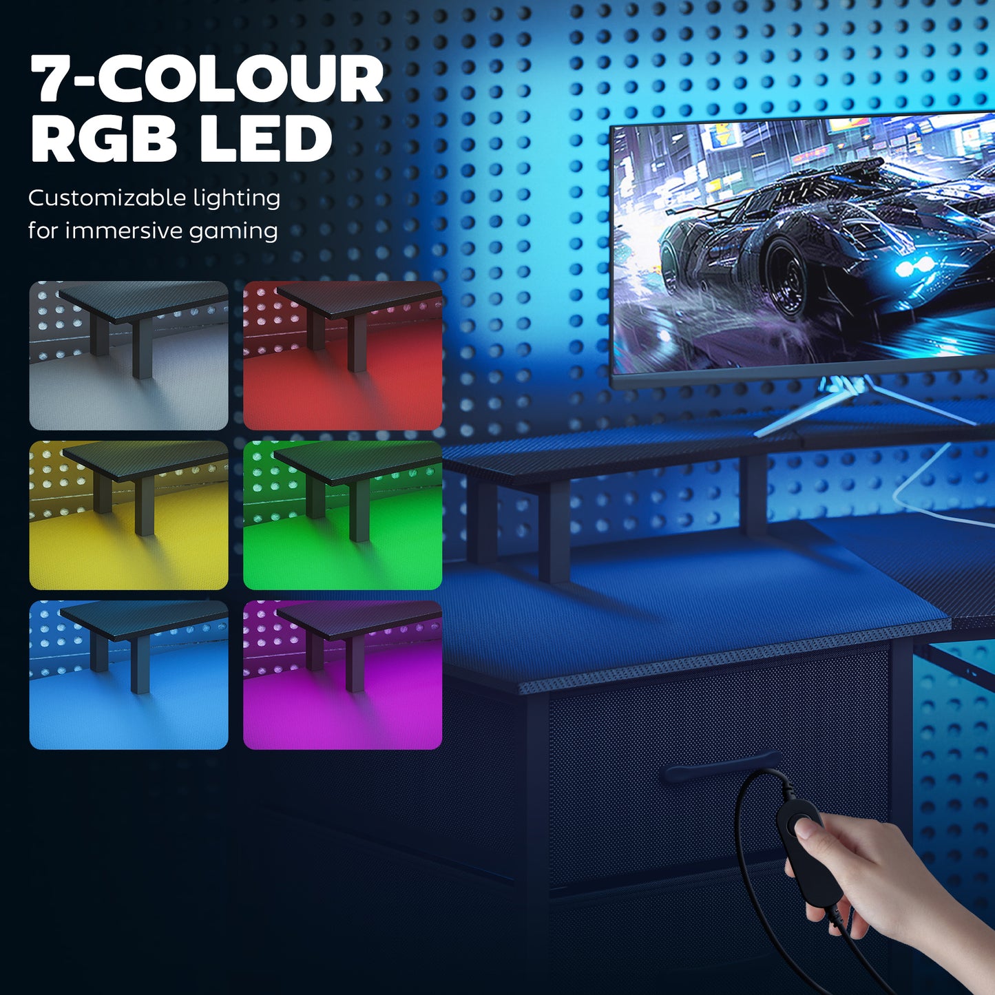 Bureau de jeu incurvé avec RGB, prises et tiroirs