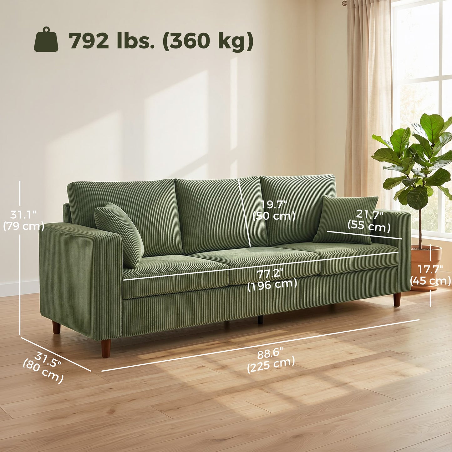 Sofa 3 places siège large et profond en velours côtelé