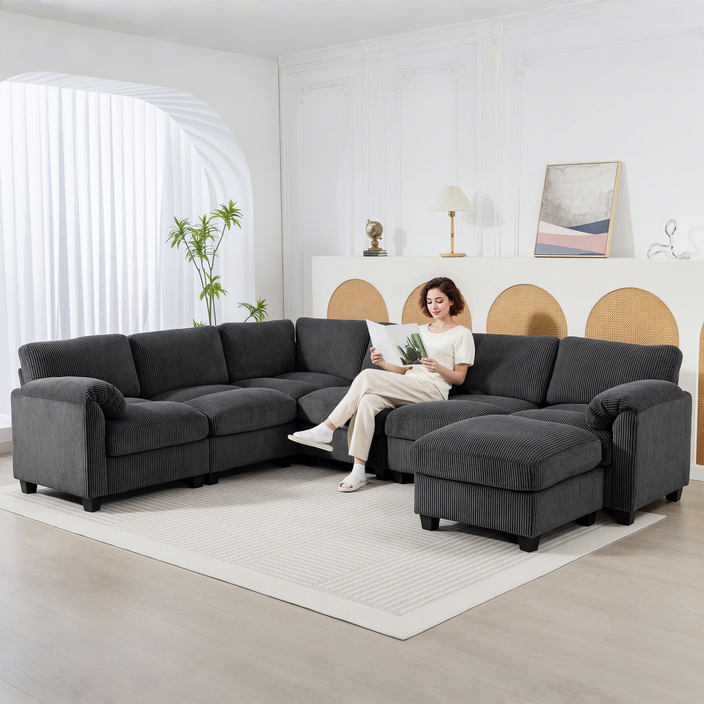 Sofa sectionnel modulaire en forme de U en velours côtelé