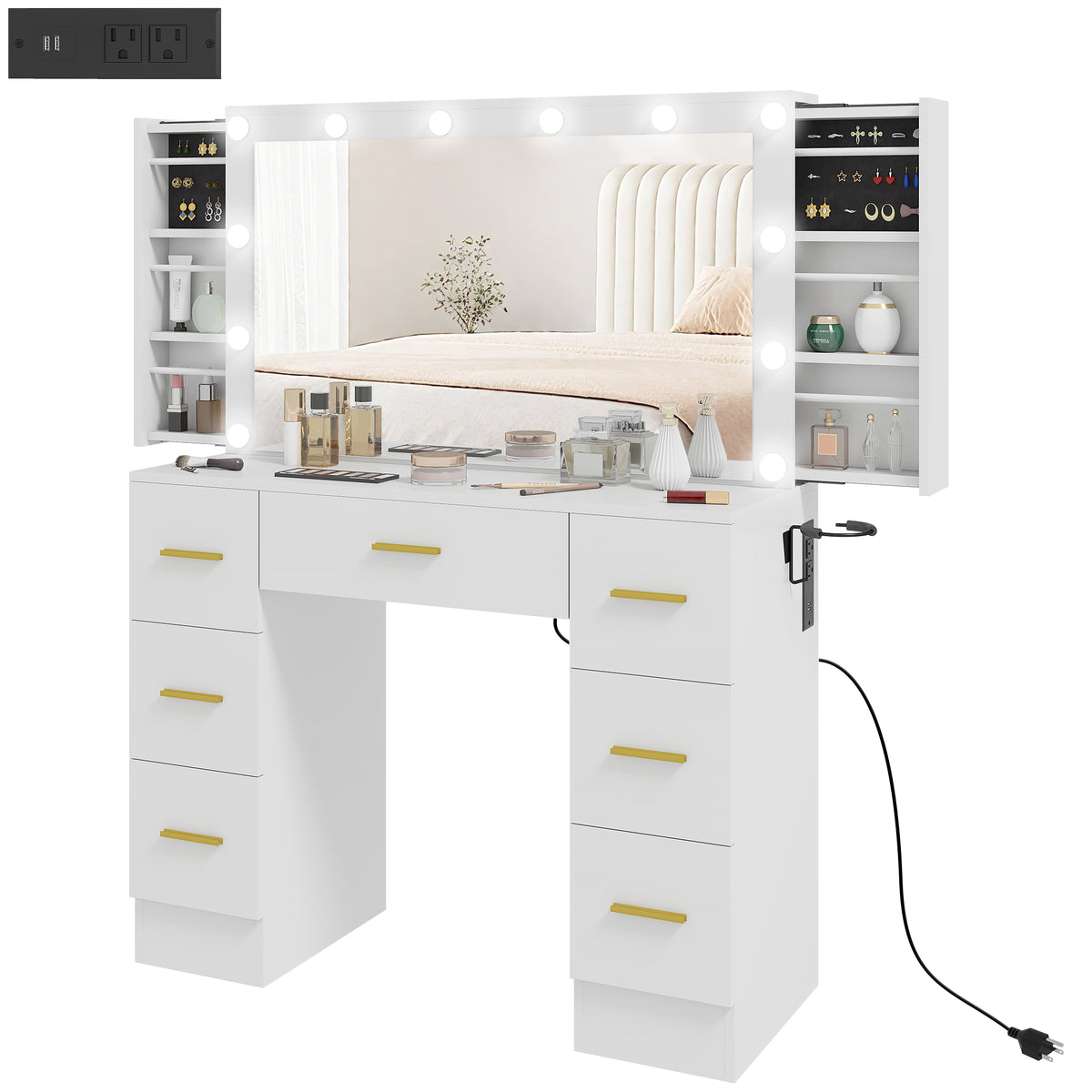 Coiffeuse avec miroir lumineux et 7 tiroirs