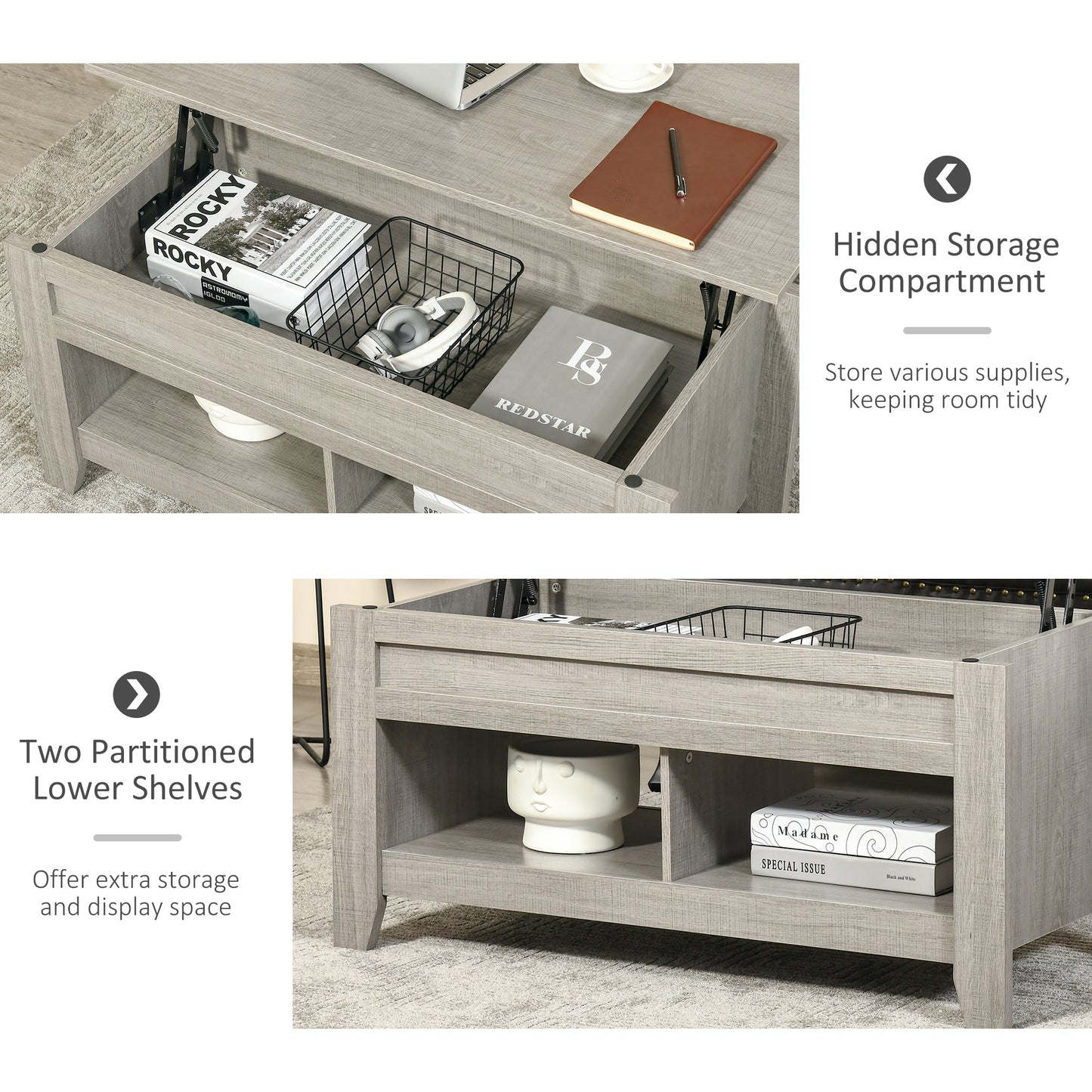 Table à café avec plateau relevable et rangement caché