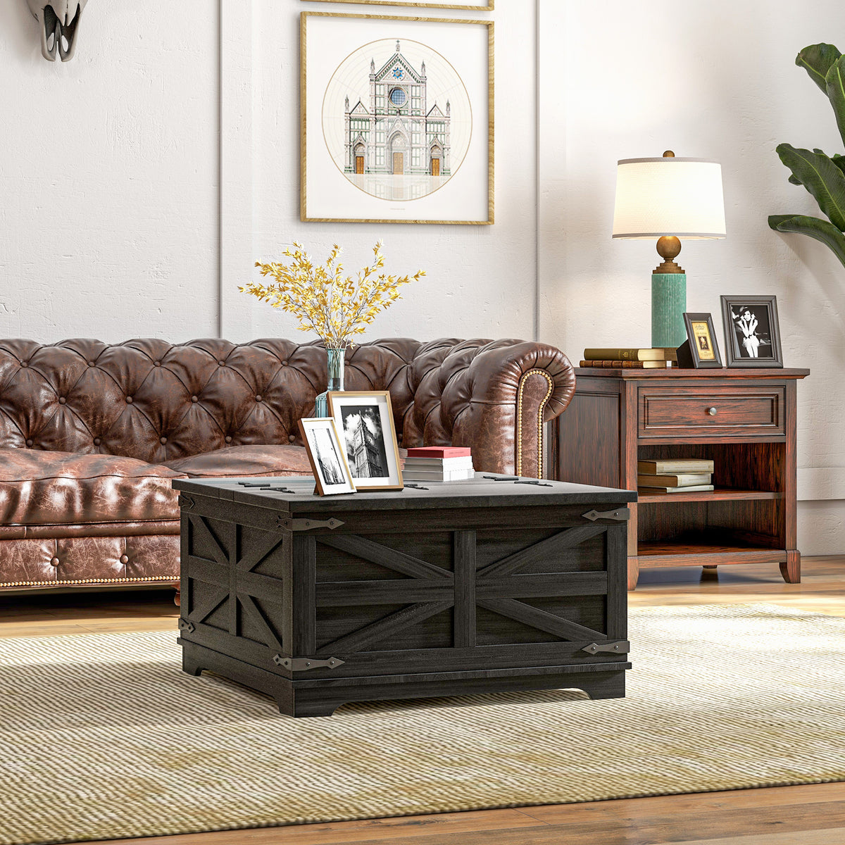 Table basse style champêtre avec rangement caché